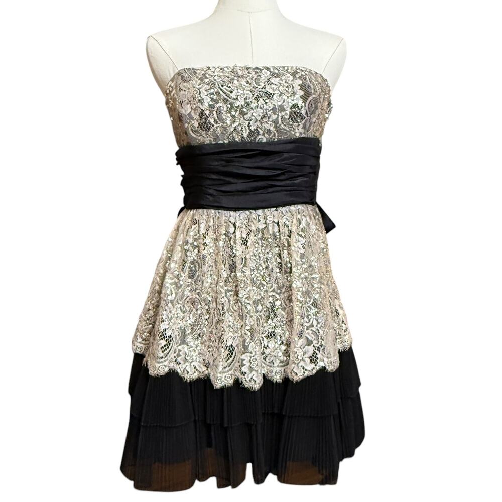 Betsey Johnson Y2k Layered lace Sequin Bow Strapless Mini Dress Size 6